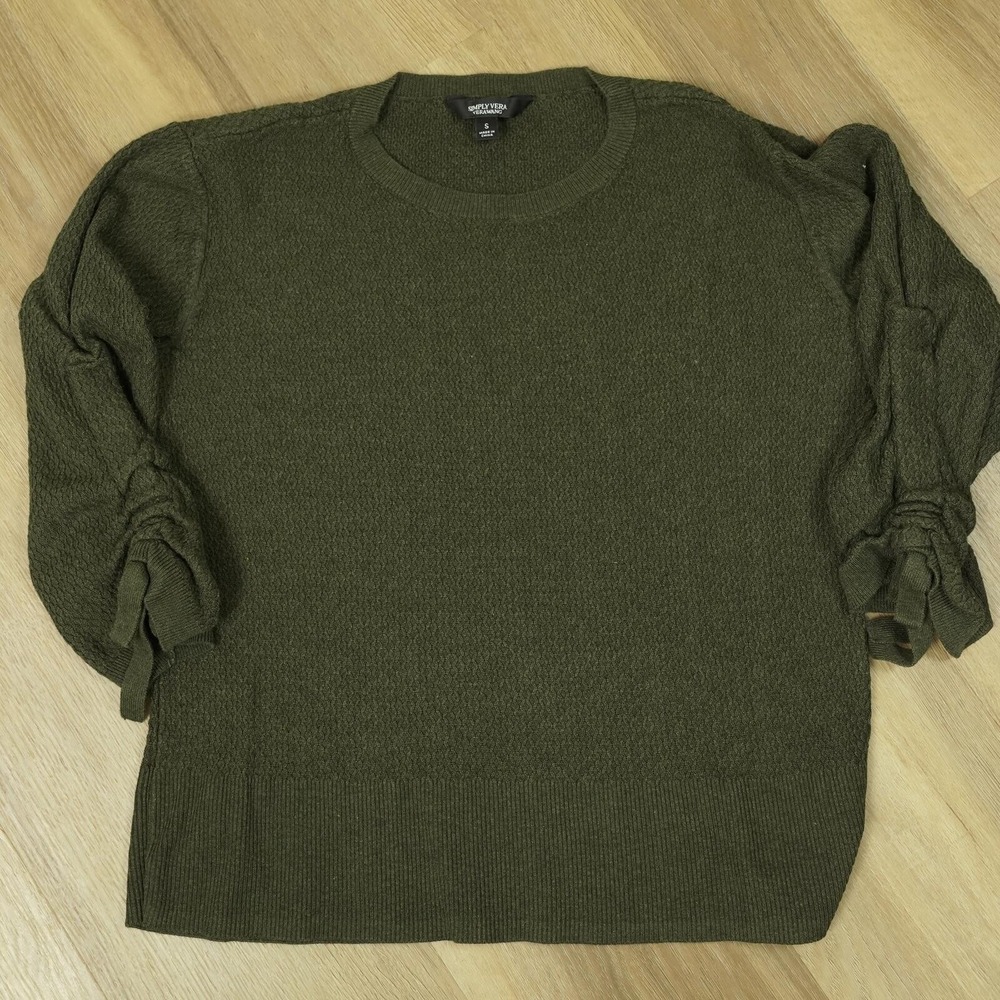 Simply Vera Vera Wang Olive Green Honeycomb Knit Sweater Tie Cuffs Small Fall
